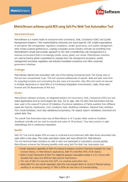 MetricStream Achieves Quick ROI Using Sahi Pro Web Test Automation Tool