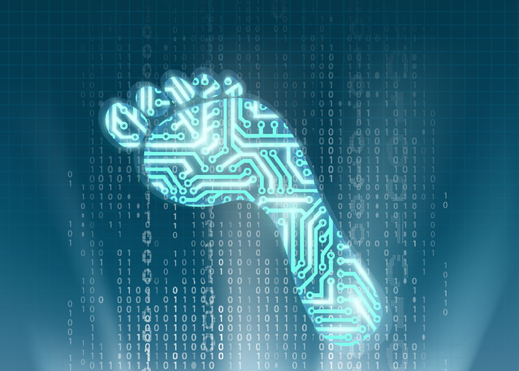  A blue translucent footprint made of circuit board traces representing digital footprints and online tracking with binary code in the background.